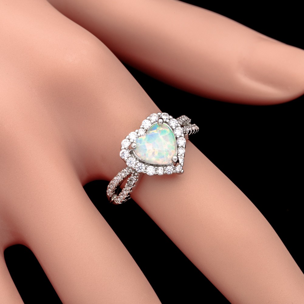 7×8 Heart White Fire Opal Silver Jewelry Women Engagement Ring Size 6 7 8 9