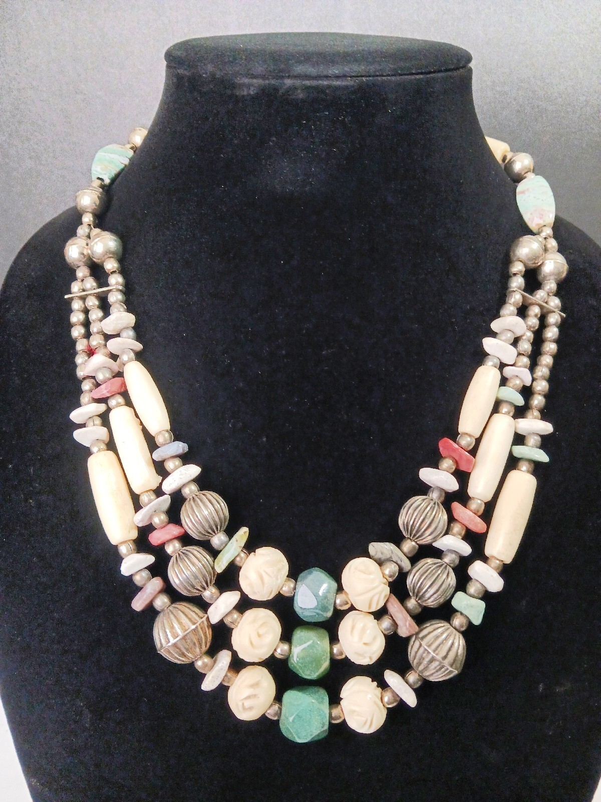 Black, Whit, Earth Colors Stones Beaded 3 Layer Necklace Statement (5130)