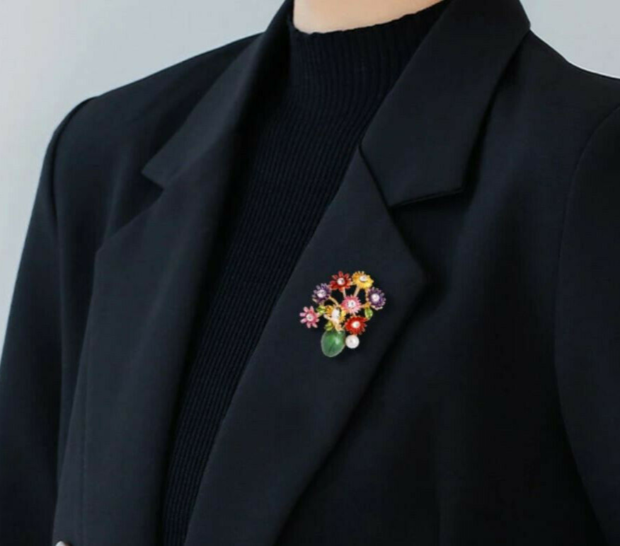 Summer Time RAINBOW Flowers VASE Bouquet BIRD Rhinestone Necklace Pendant Brooch
