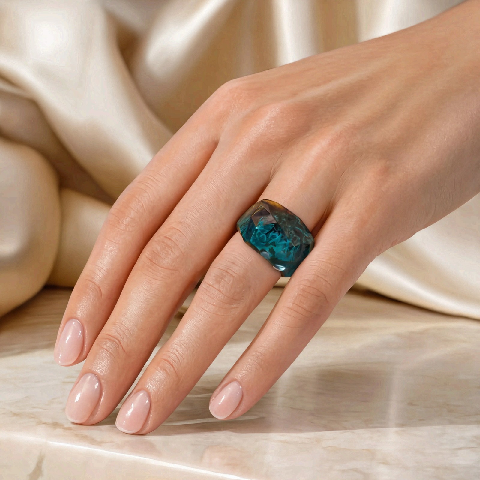 Wood Resin Ring Ocean Blue Epoxy Landscape Faceted Statement Ring Handmade Band