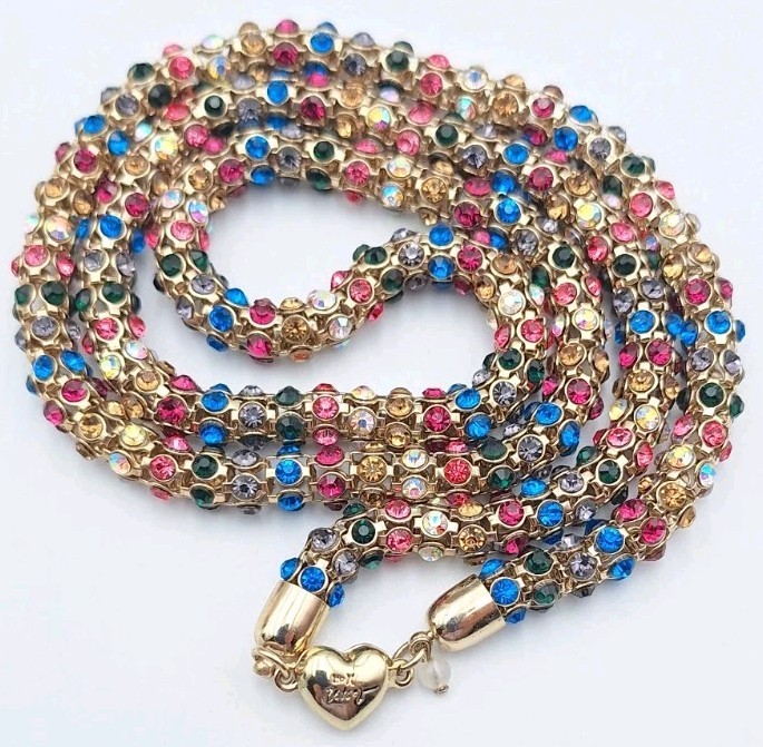 NWOT BETSEY JOHNSON Signed Funfetti Mesh Rainbow Crystals GoldTone Rope Necklace