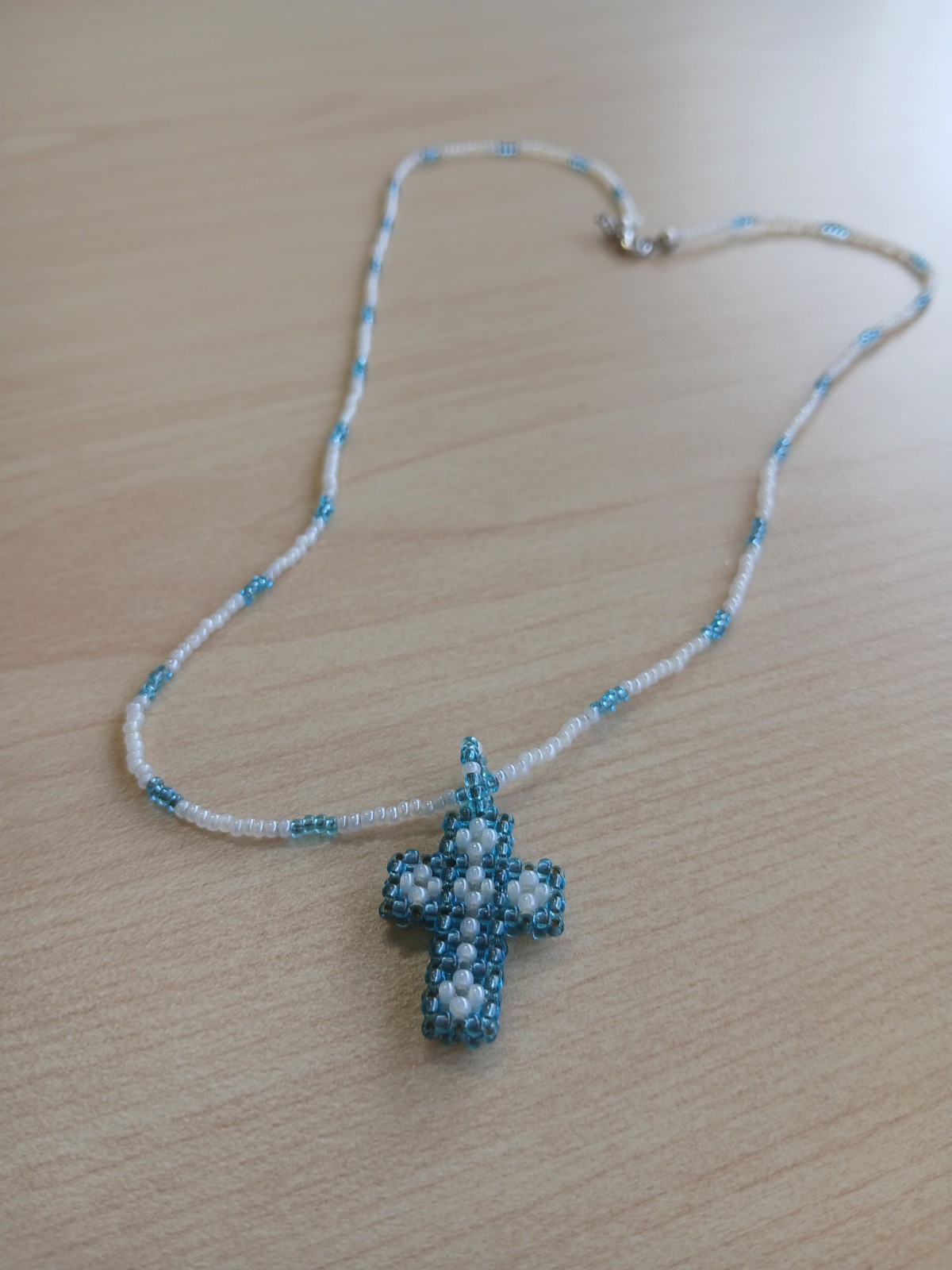 Blue White Beaded Necklace Cross Charm Pendant Ball/Bead Chain Lobster Clasp