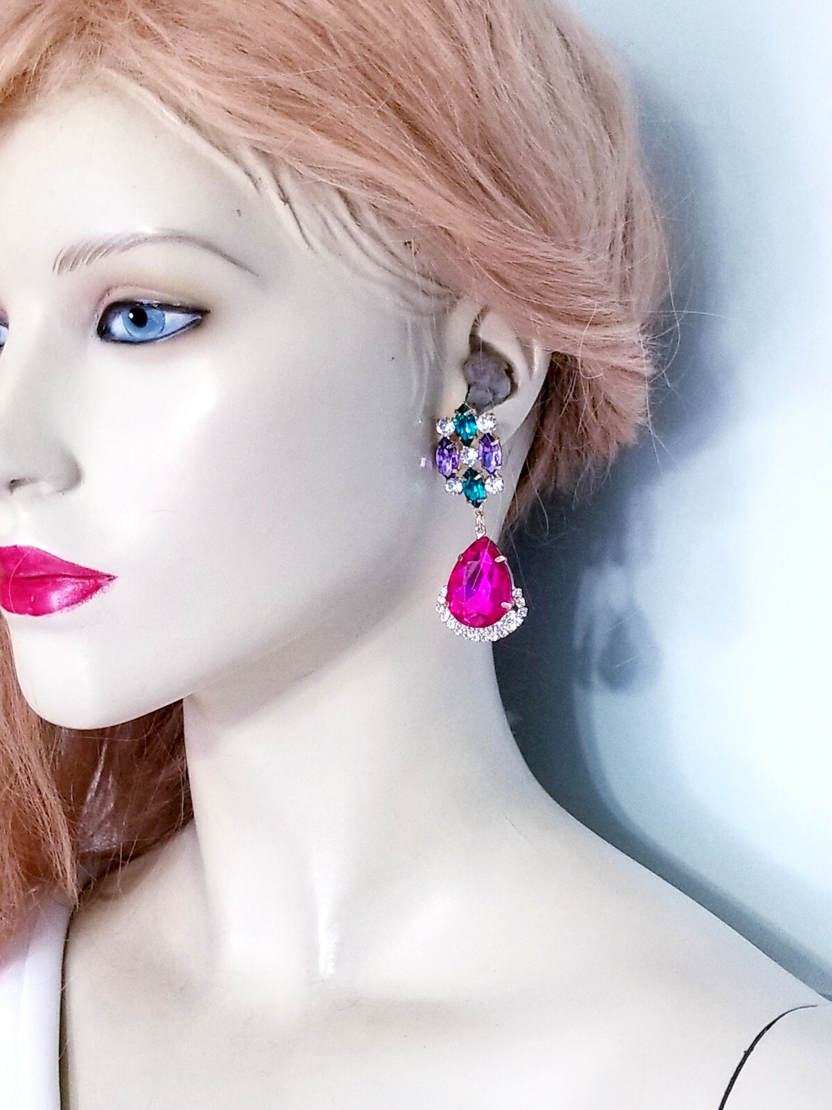 Chandelier Earrings Rhinestone Multi Color Pink Crystal 2.8 inch
