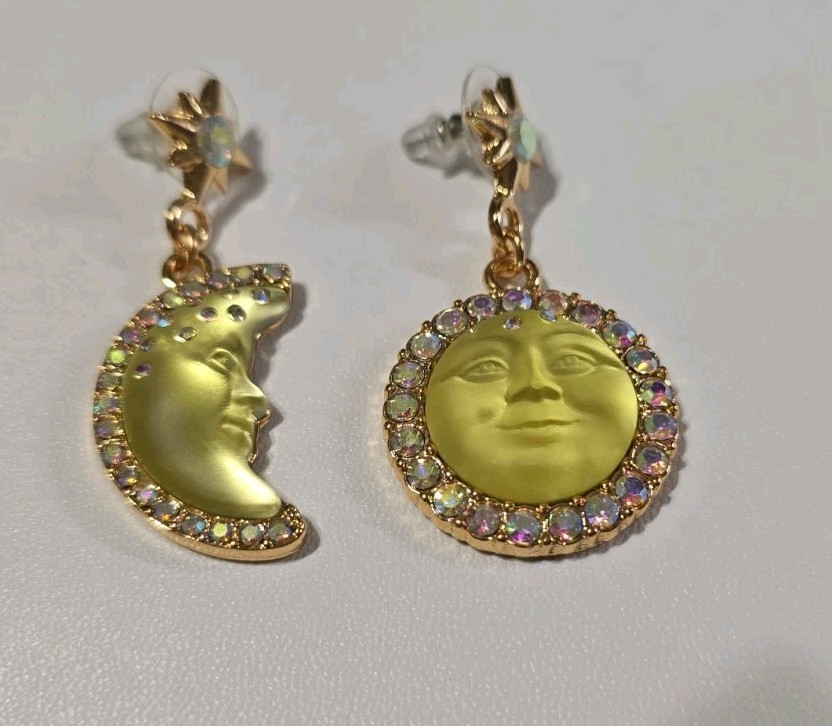 2″ KIRKS FOLLY YELLOW SEAVIEW MOON FACE CRYSTAL RHINESTONE DROP DANGLE EARRINGS