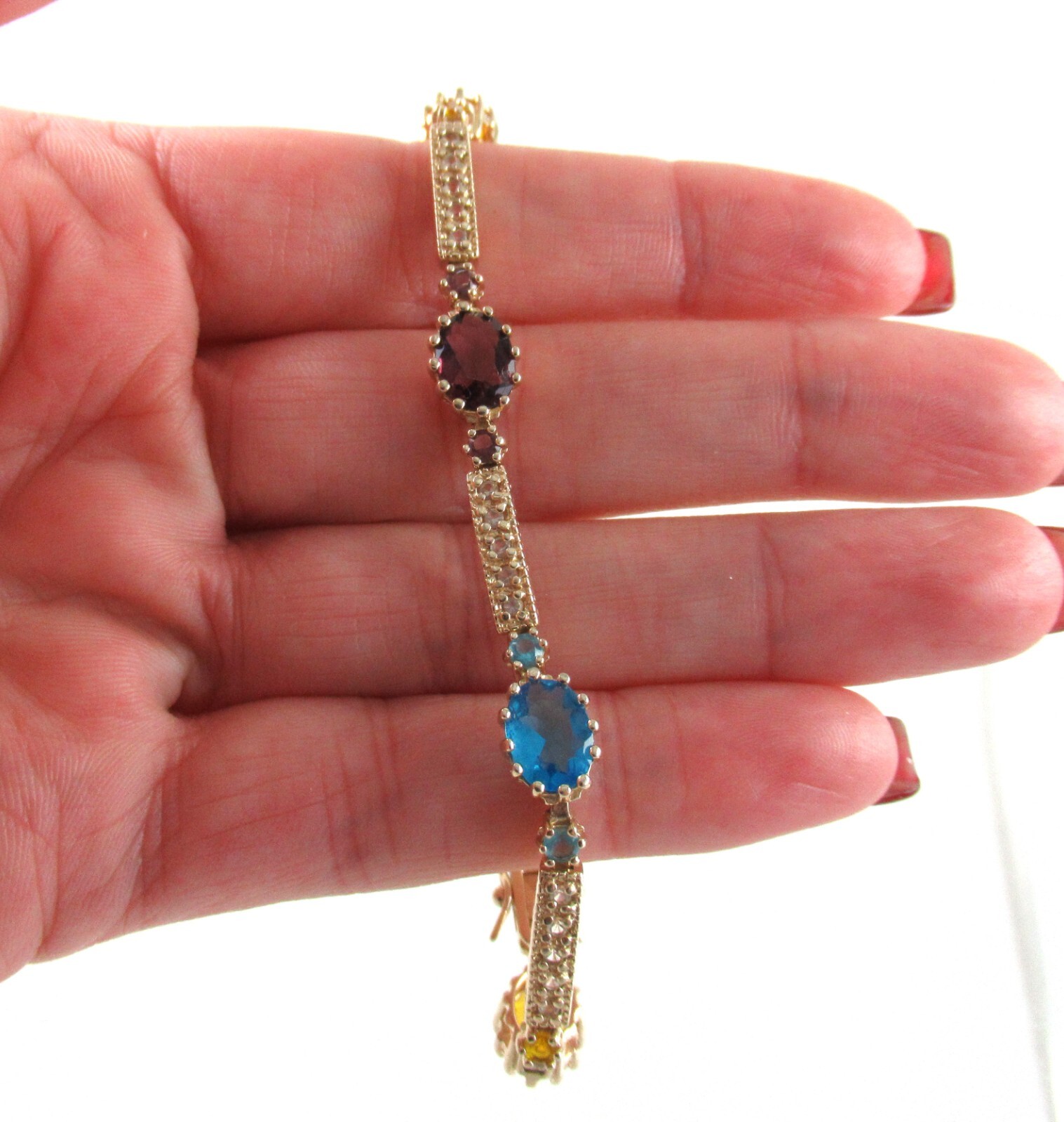 .925 Sterling Silver Rainbow CZ Bracelet Yellow Gold Plated Tennis Filigree 7.5″