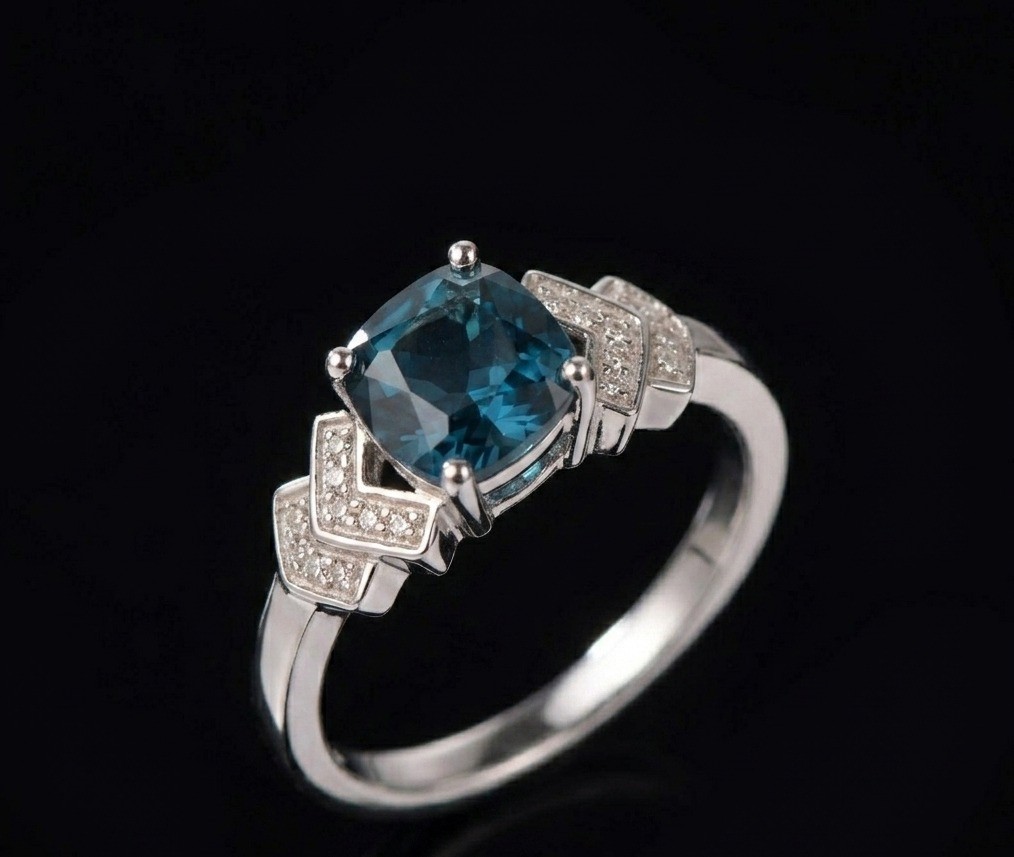 Cushion Cut Blue Topaz Ring, Sterling Silver, Vintage Inspired Statement Jewelry