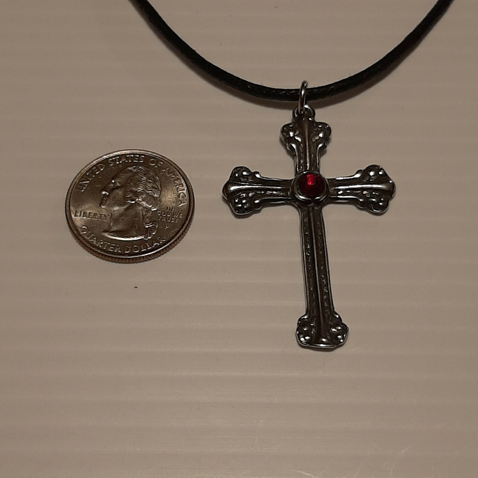 CROSS / STONE Pewter Pendant Charm / 26″ Adjustable Necklace U.S.A.