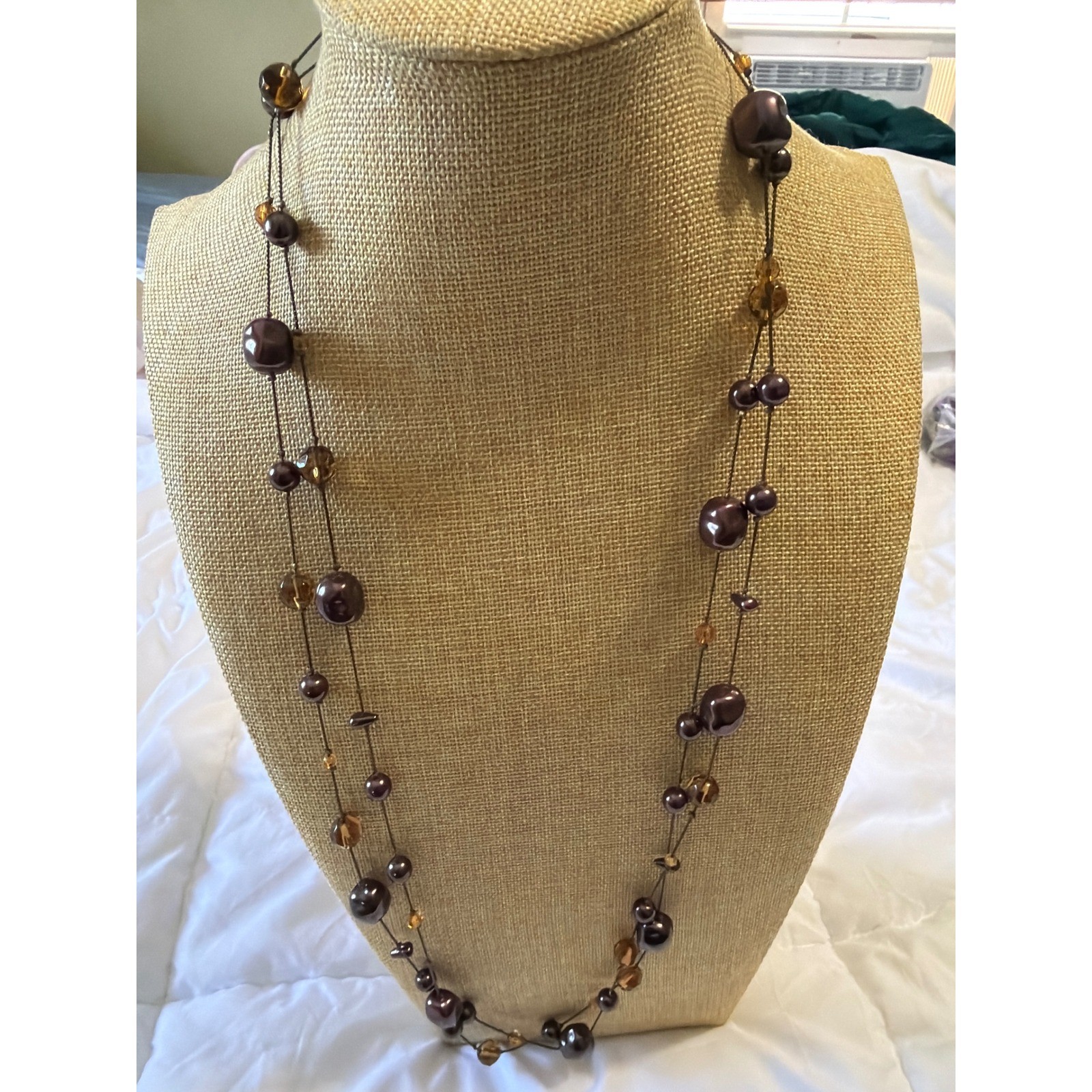 Long Station Necklace Plum Purple Faux Pearl Amber Faceted Beads Layering