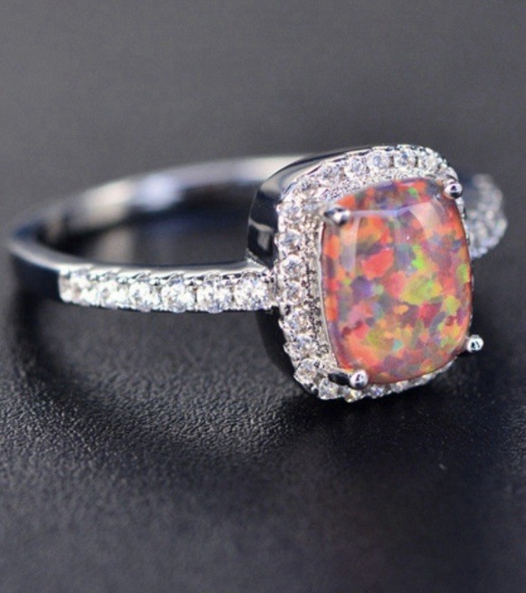 Gorgeous Orange Fire Opal CZ Halo Square Ring Size 9