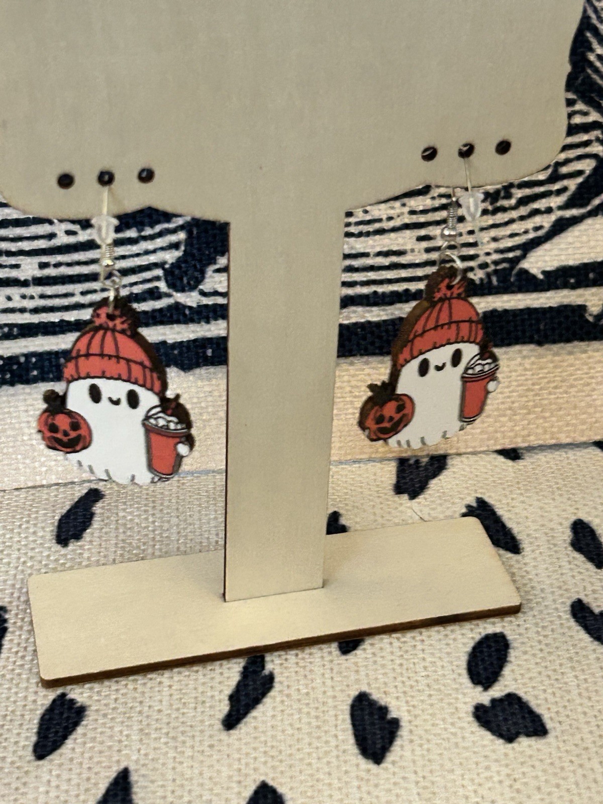 Ghost Dangle Earring With Coffee, Pumpkin And Beanie Double Sided Balsa Wood