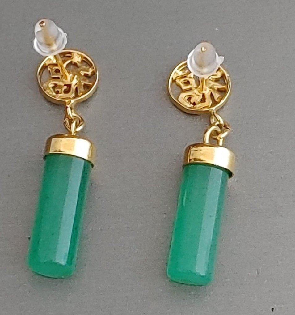 Translucent Green Stone Gold Tone Chinese Earrings Post Dangles 1.5”