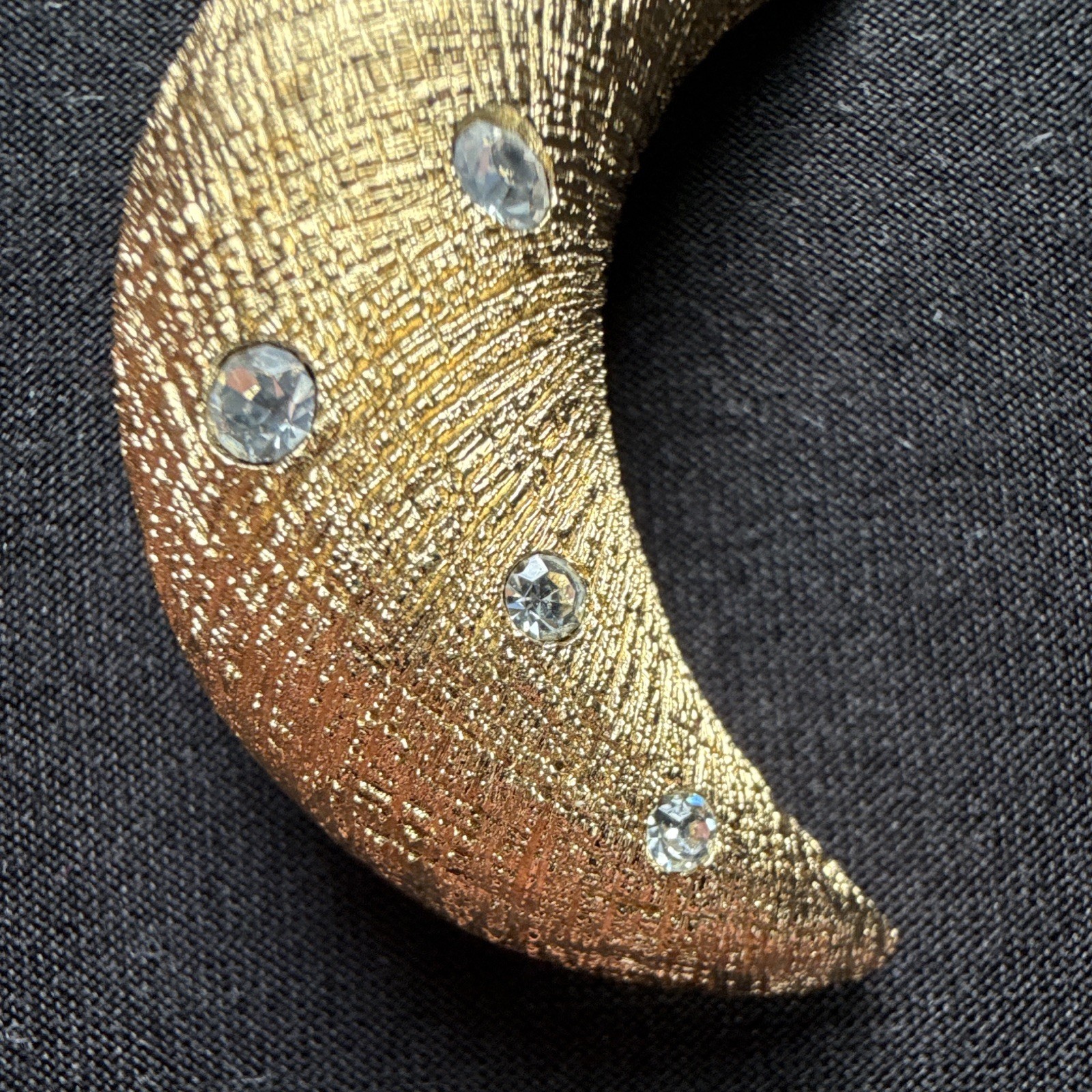 Vintage Christian Dior Gold Plate Textured Crescent Moon Brooch Pin Rhinestones