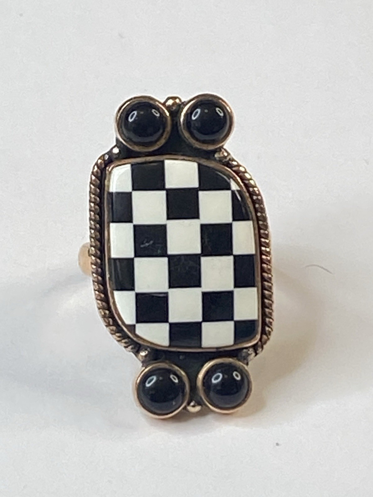 Solid Copper Black Onyx Checkerboard Adjustable Ring Southwest Jewelry