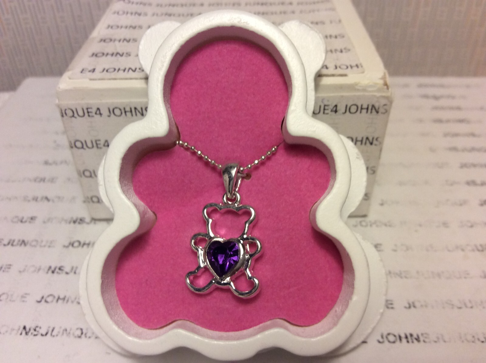 TEDDY BEAR NECKLACE New in Teddy Bear wooden Box 16” chain FEBRUARY