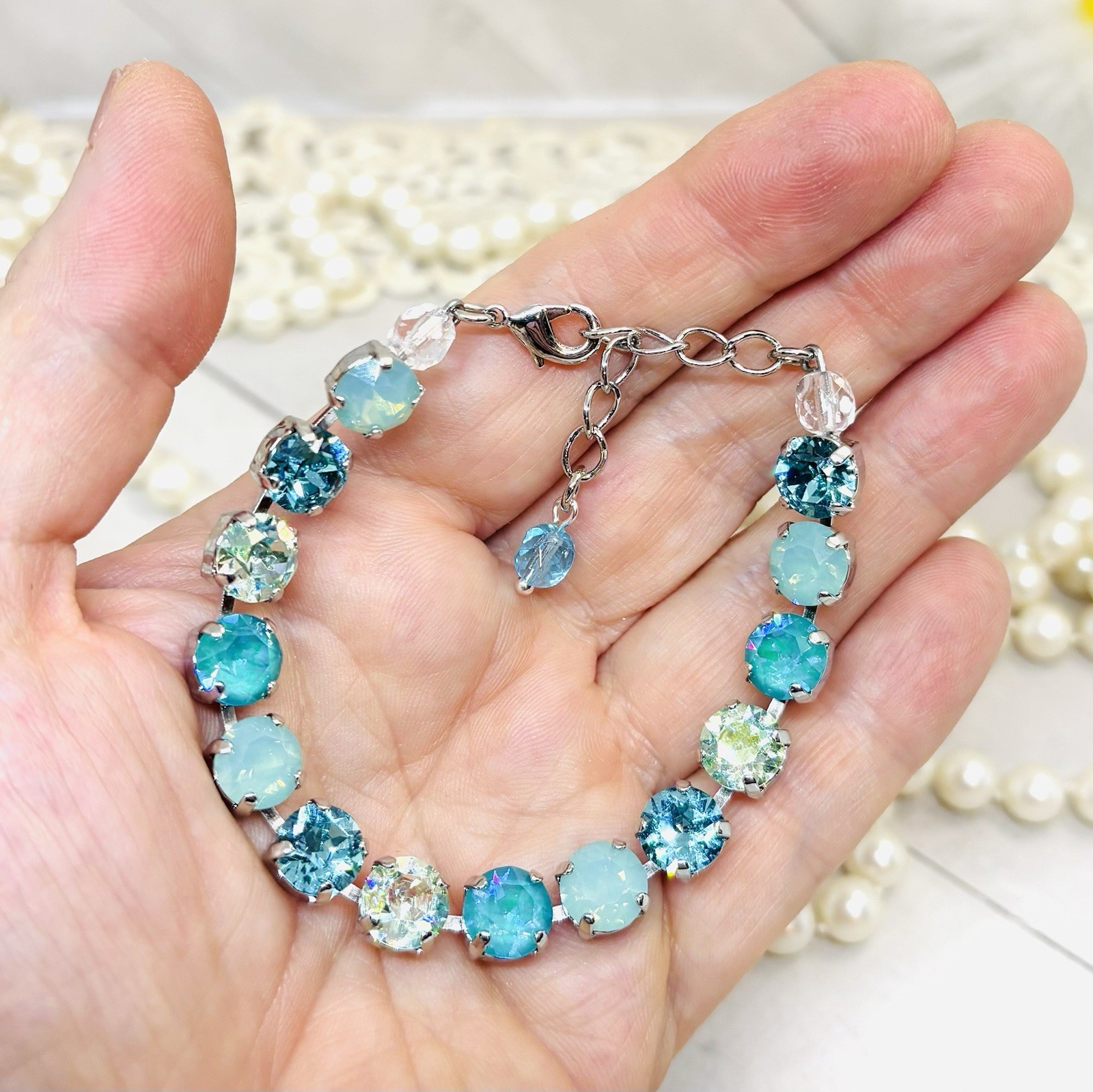 8mm Shiny Silver Plated Mint Green PACIFIC OPAL Teal Cup Chain Tennis Bracelet