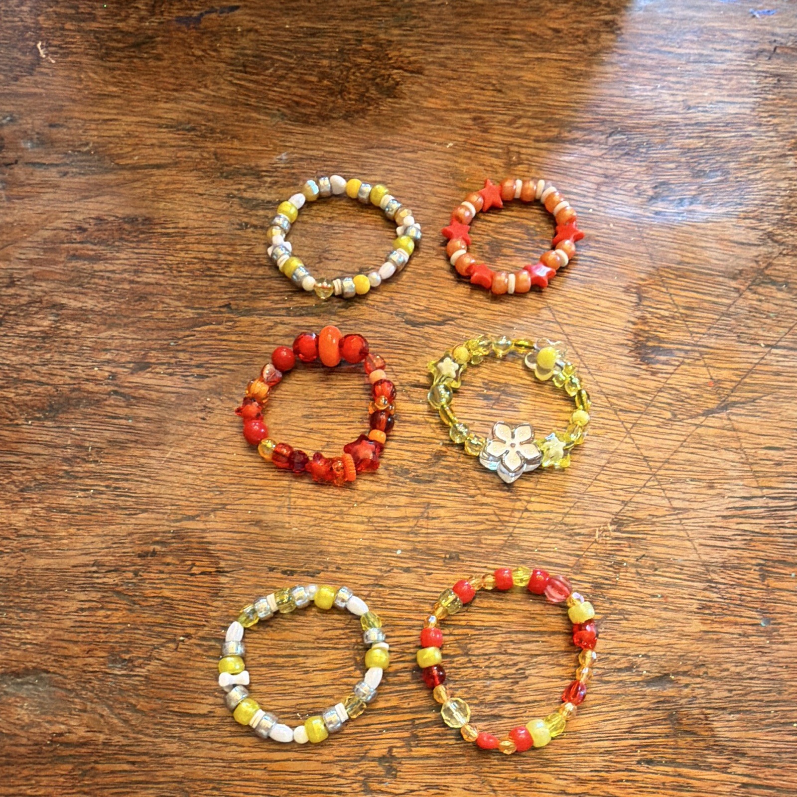 Set Of 6 Multicolor Beaded Stretch Charm Bracelets Flowers Stars Stackable