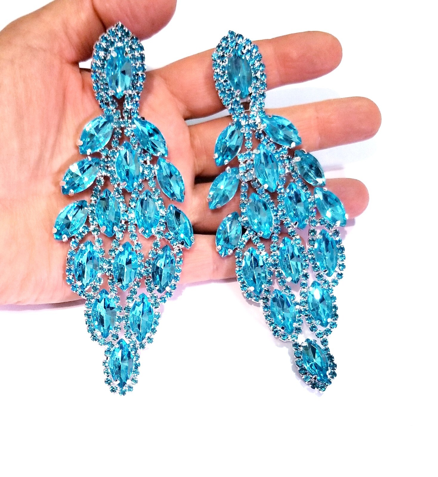 PIERCED Drop Dangle Chandelier Earrings 5.4 inch Aqua Rhinestone Pageant Prom
