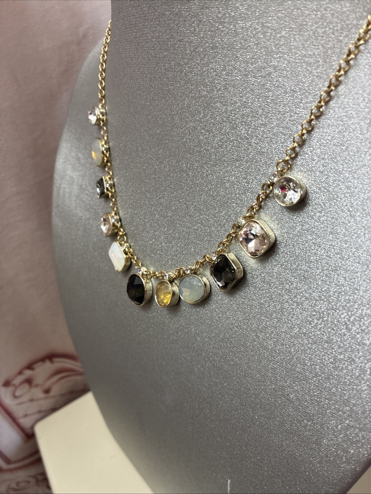 New Gold Tone & Multicolor Glass Rhinestone Necklace 18”+ Very Good Condition