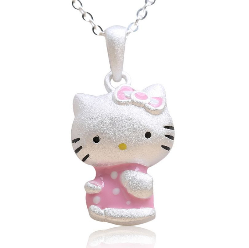 Pink Bow Silver Cat Adorable 3D Hello Kitty Kitten Pendant Chain Necklace