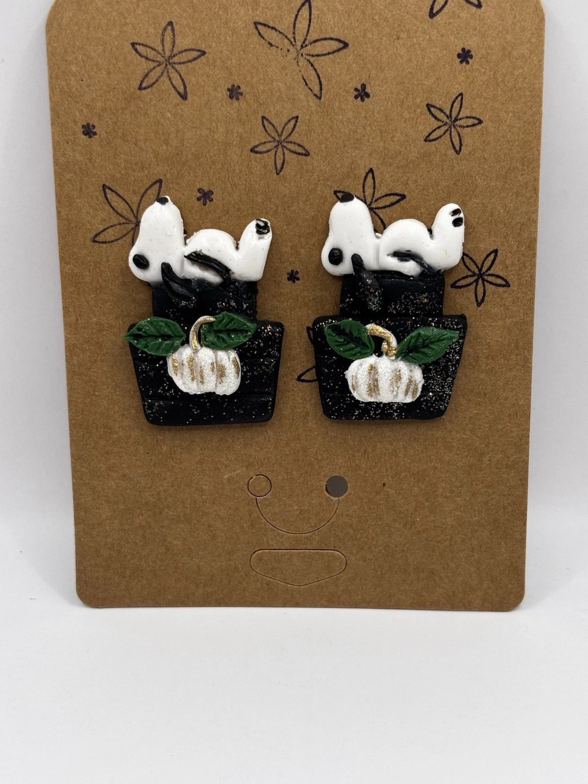 Snoopy White Pumpkin Halloween Earrings Polymer Clay Peanuts Inspired