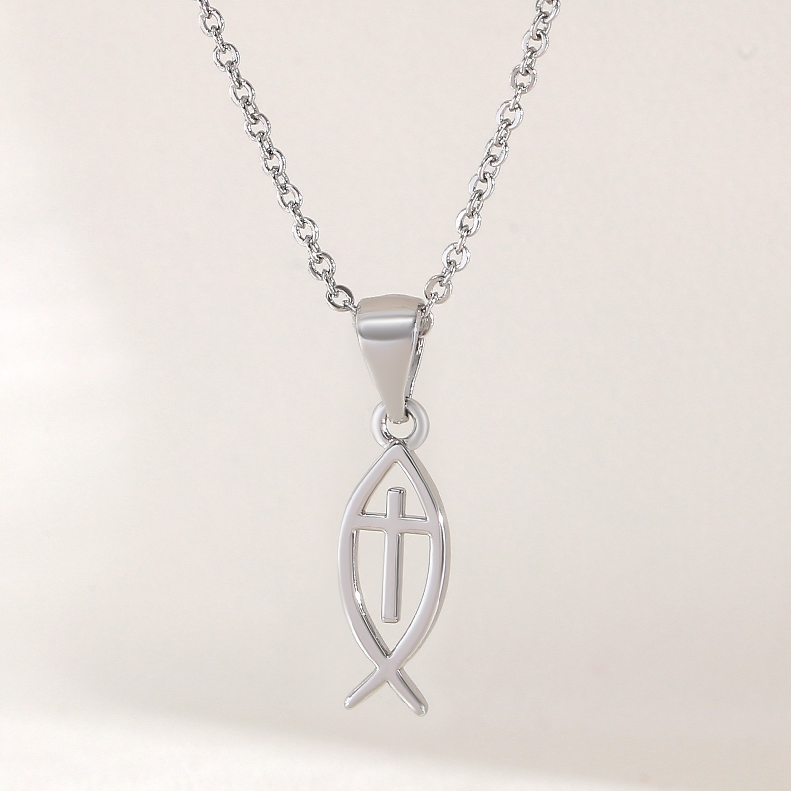 Stainless steel Christian Faith Symbol Fish Hollow Cross Pendant Necklace Gift