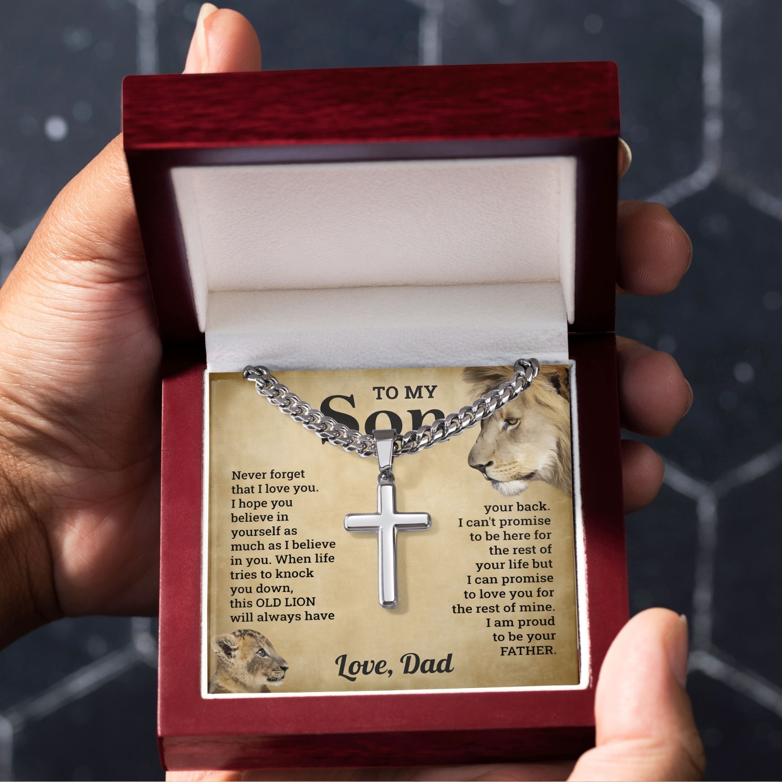 To My Son Cross Necklace Cuban Chain from Dad Lion Faith Jewelry Bday Graduation
