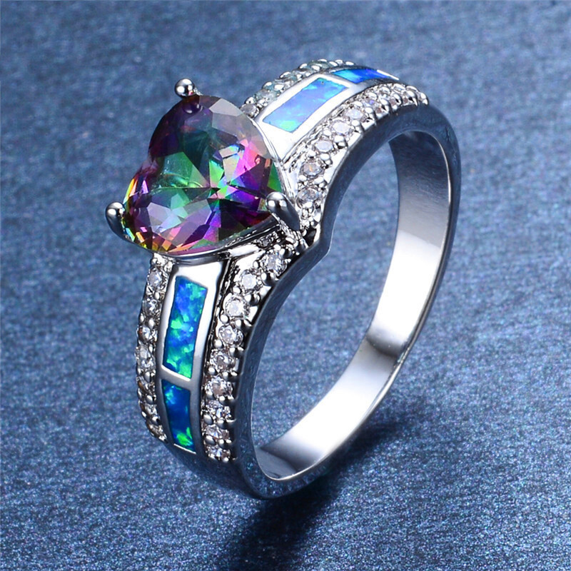 Hawaiian Blue Opal Heart Shaped Rings Sliver Fire Opal Rings For Women Girls