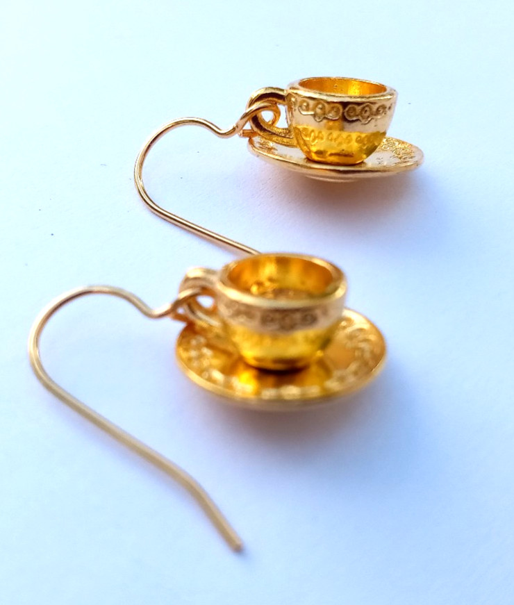 Mini Metal Tea Set Cup and Saucer Charm Earrings -Gold, Silver, or Bronze Colors