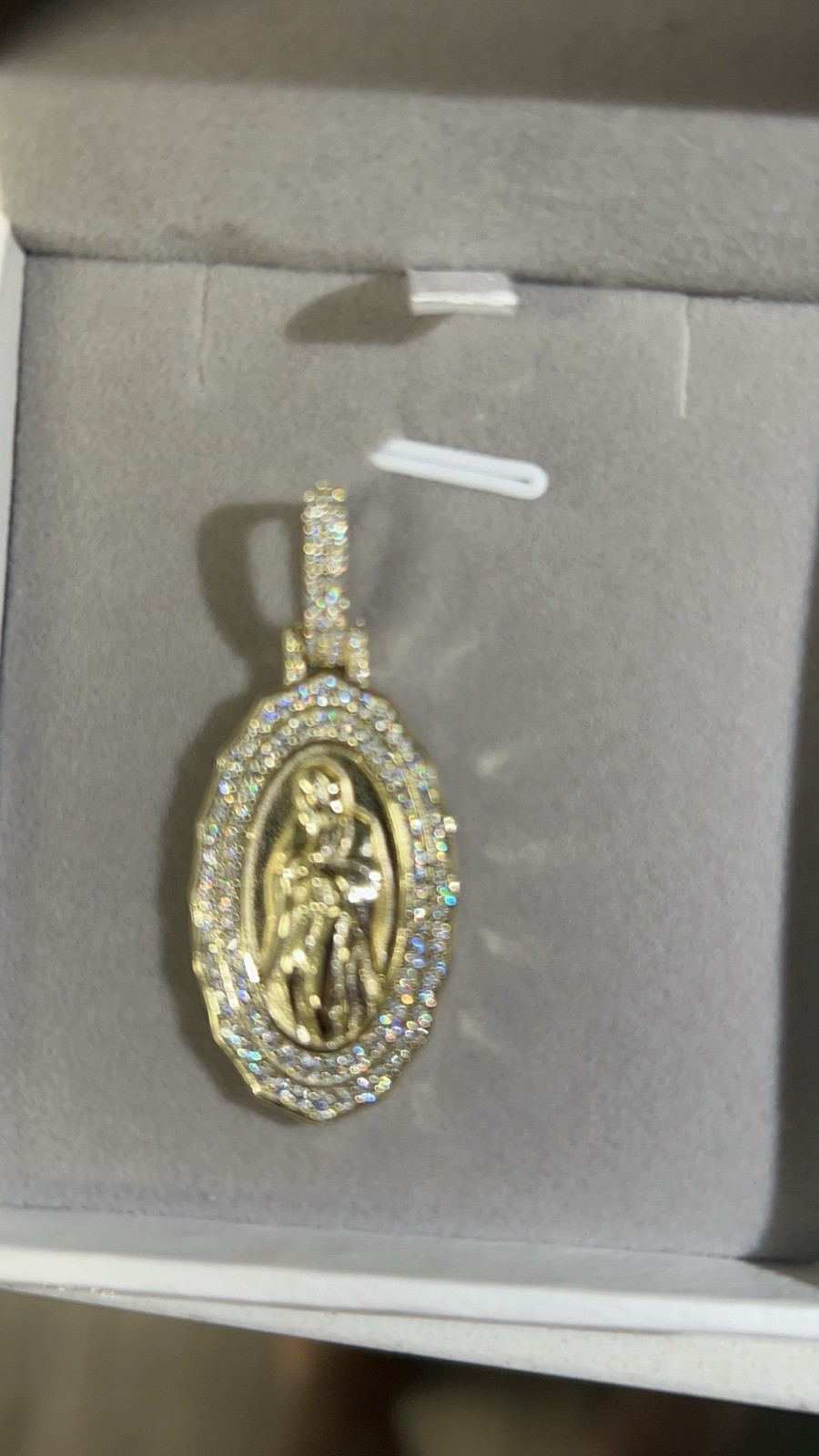 Virgin Mary Pendant yellow Gold Plated VVS Moissanite Border ￼