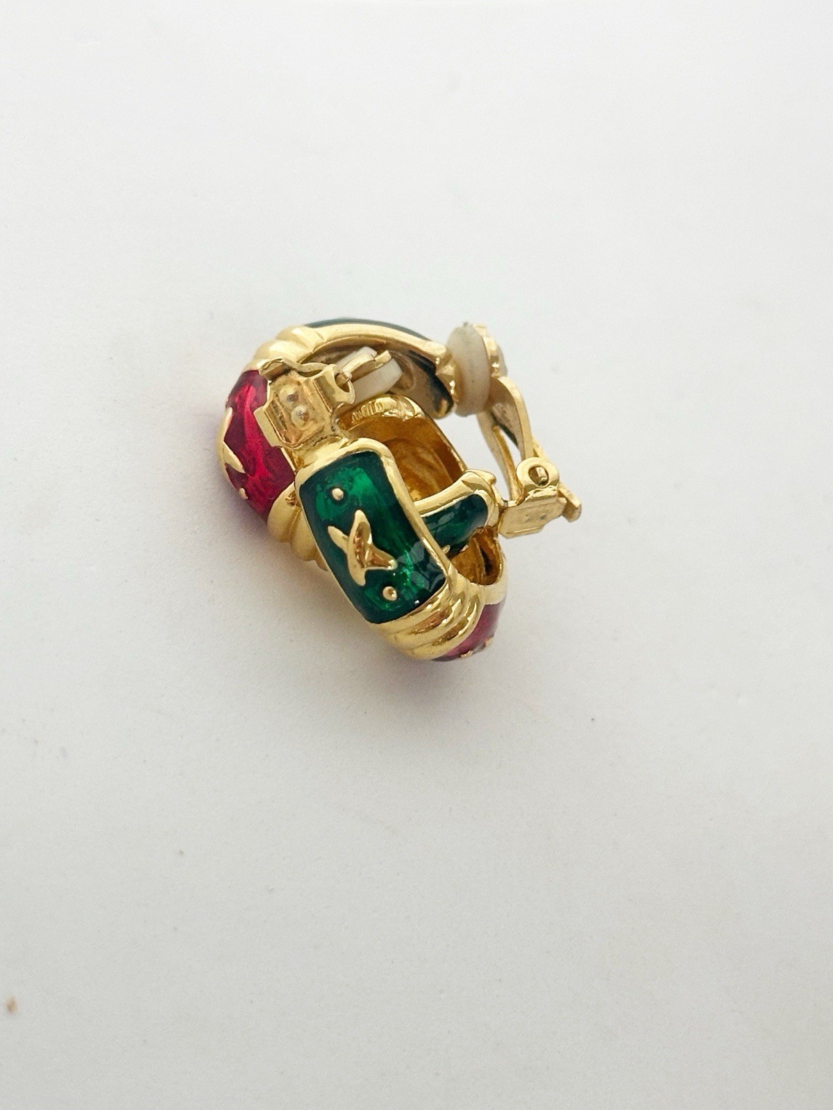 Vintage Joan Rivers Enamel Gold Tone Hoop Clip On Earrings Signed Red Green Blue