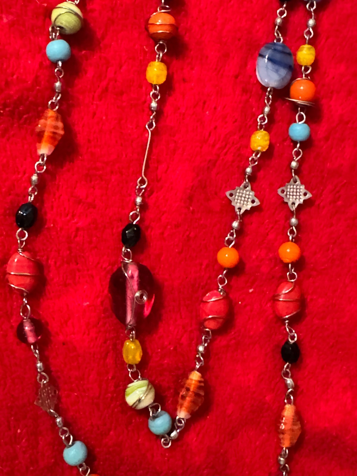 Multicolor Glass Beads and Silvertone Metal Between The Beads Very Long Necklace