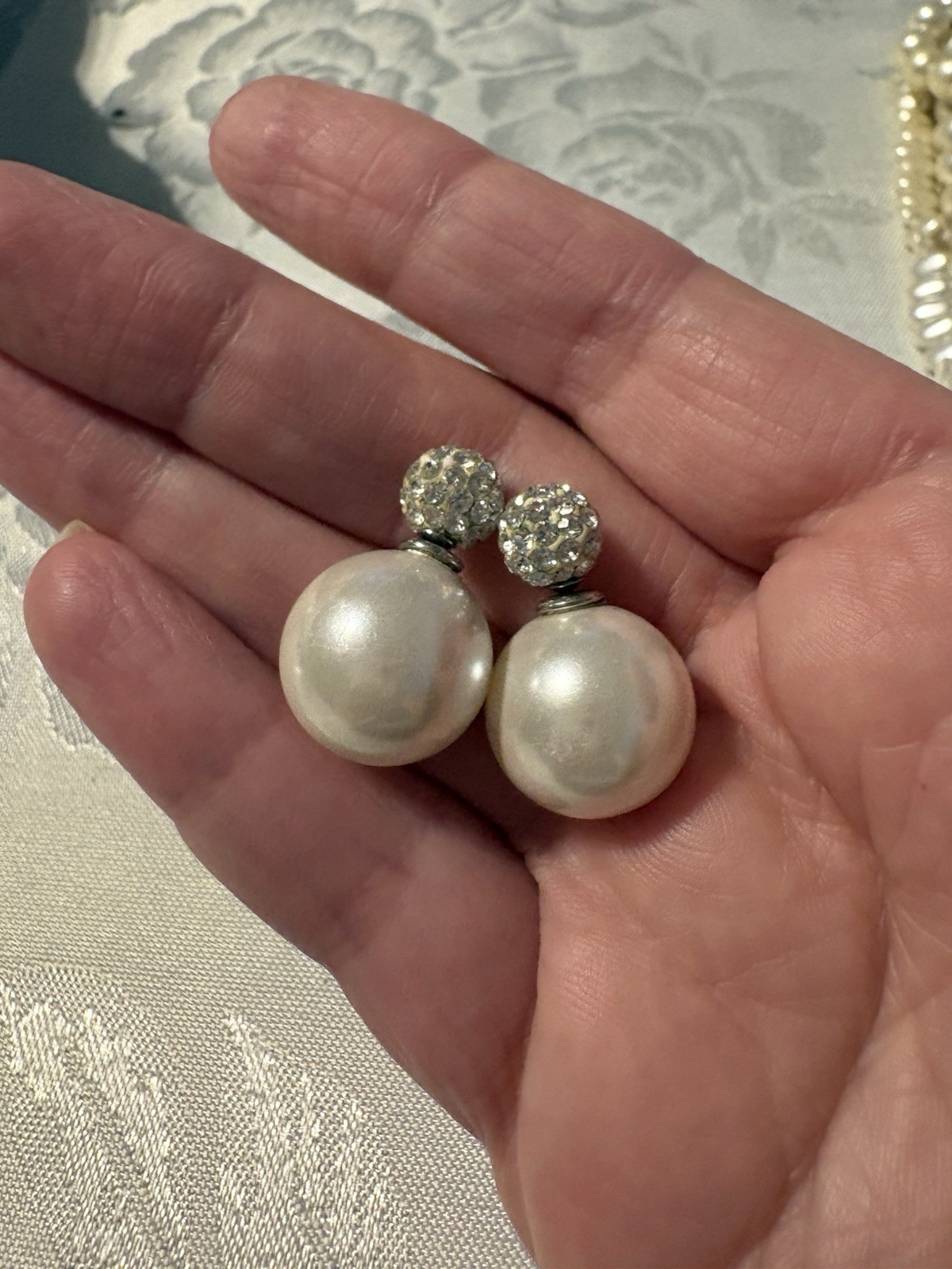925 Sterling Silver Large Pearl & Pave Crystal Ball Stud Earrings