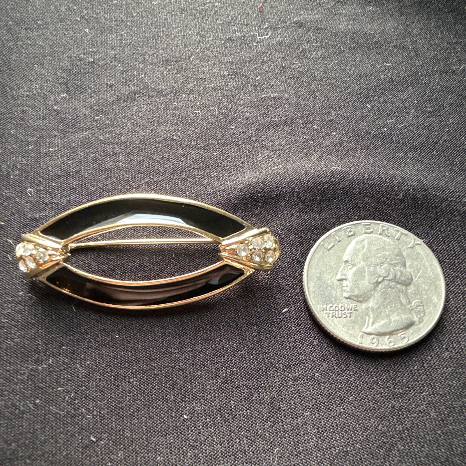 Vintage Trifari Signed Gold Tone Black Enamel Oval Brooch Pin w/ Rhinestones