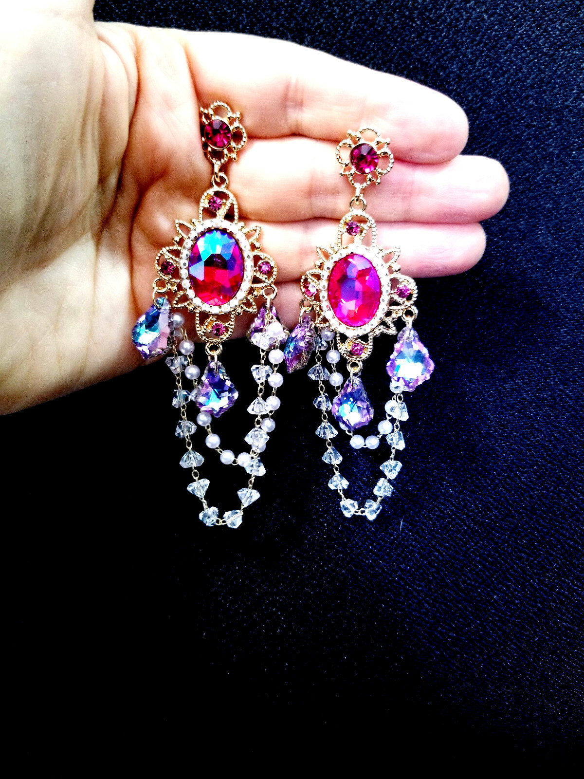 Pink Drop Rhinestone Crystal Earrings Chandelier Pageant Prom Statement 4.1 in