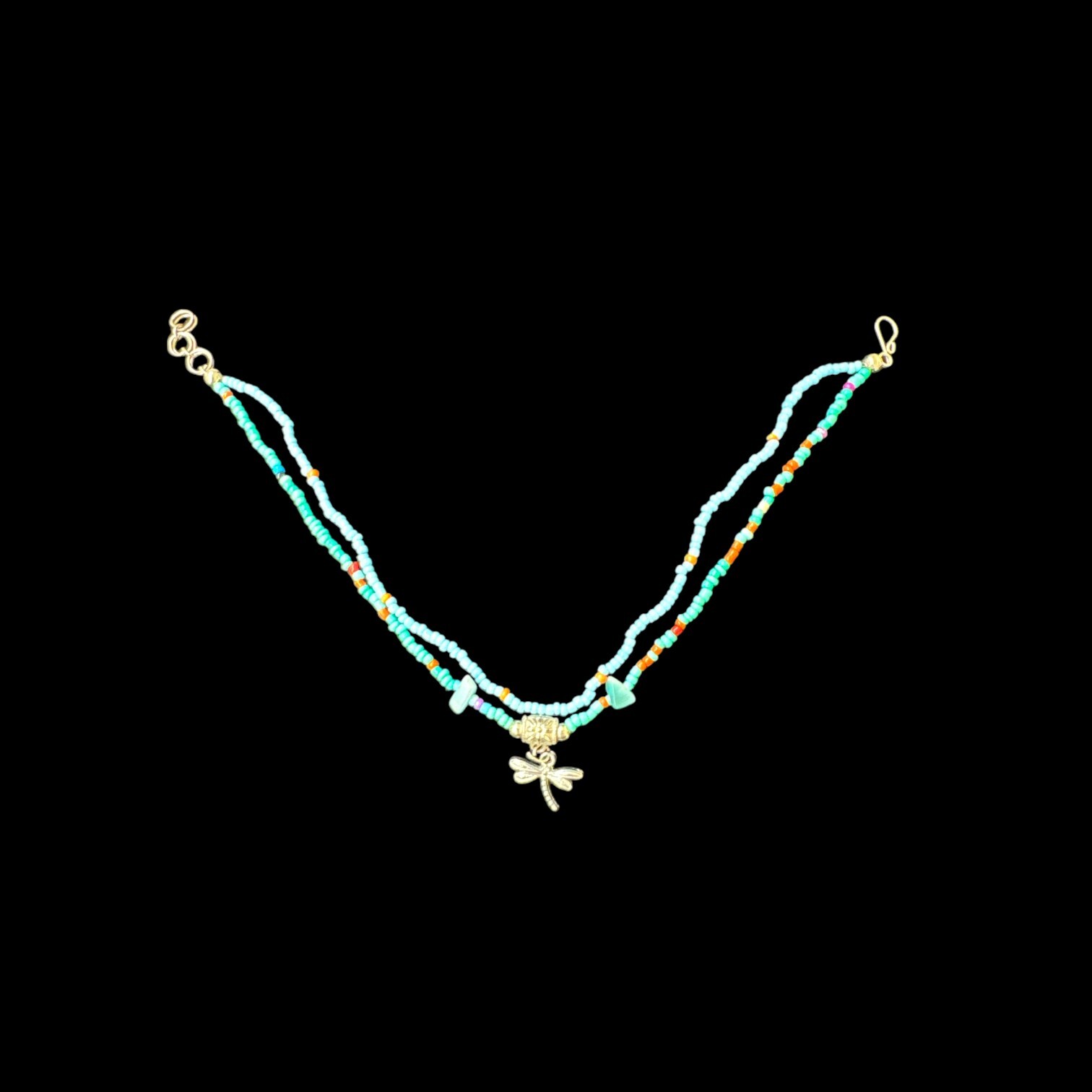 Womens Necklace Dragonfly Pendant Silver Tone, Multicolored Beads 11 1/4″