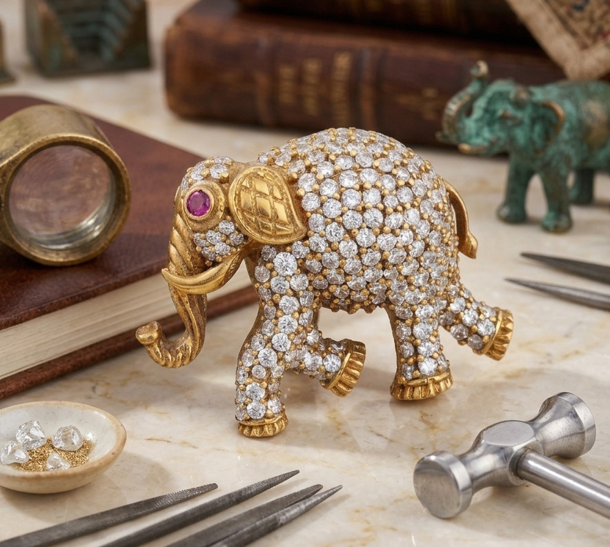 Elephant Red And White CZ Zirconia Gemstone 925 Sterling Silver Brooch And Pin