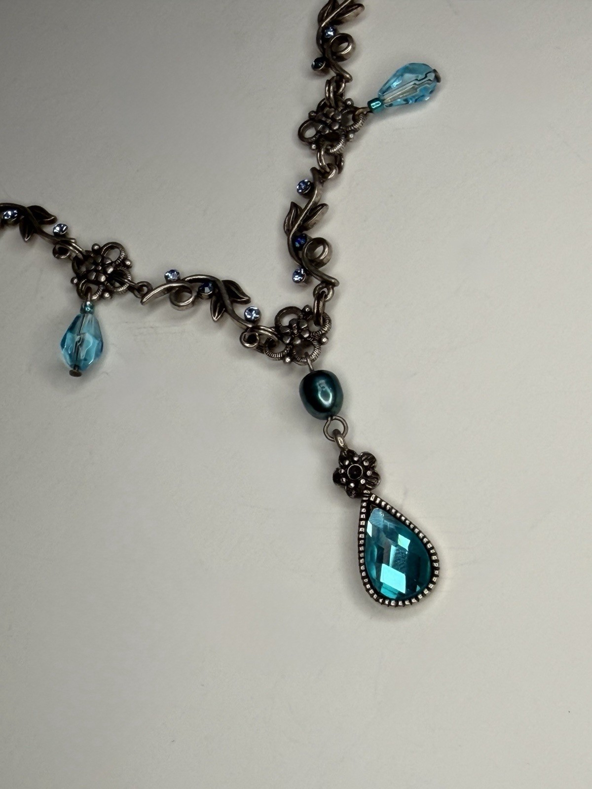 Lia Sophia Peacock Blue Crystal Necklace & Earrings Set Floral Silver Tone