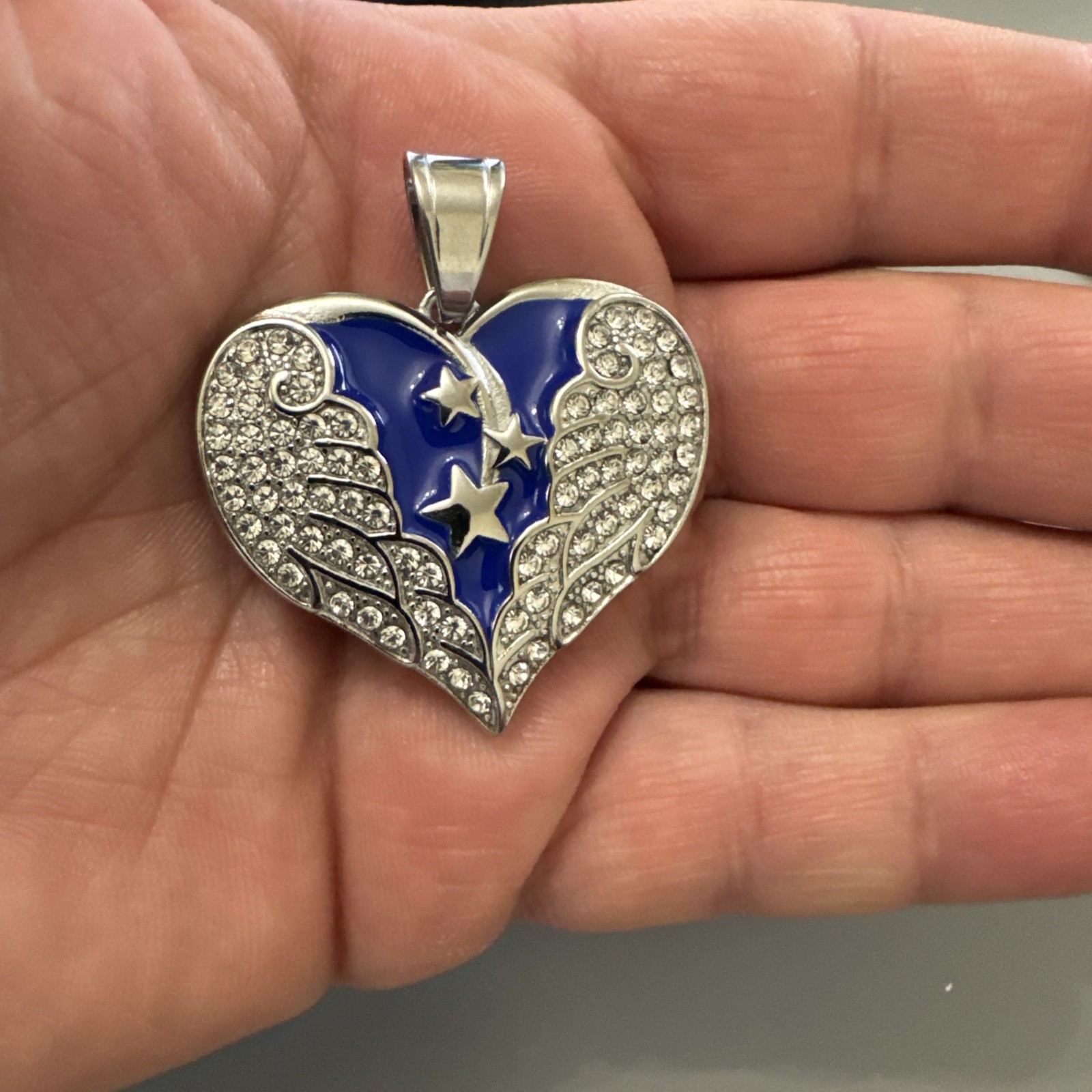 Heart Shaped Angel Wings Pendant Silver Tone Stainless Steel Gift 24” Necklace