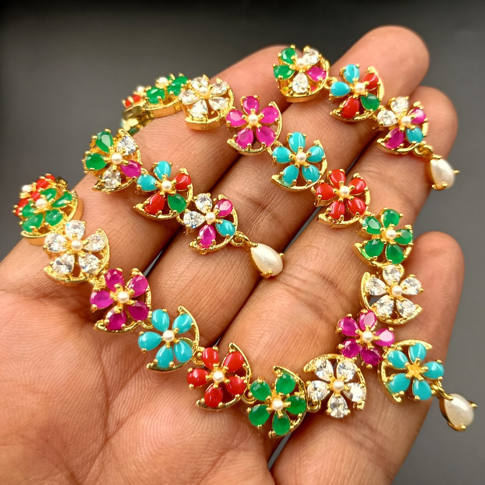 Navratan Multi Gemstone Flower Necklace Set 22K Yellow Gold Plated Bollywood Gif