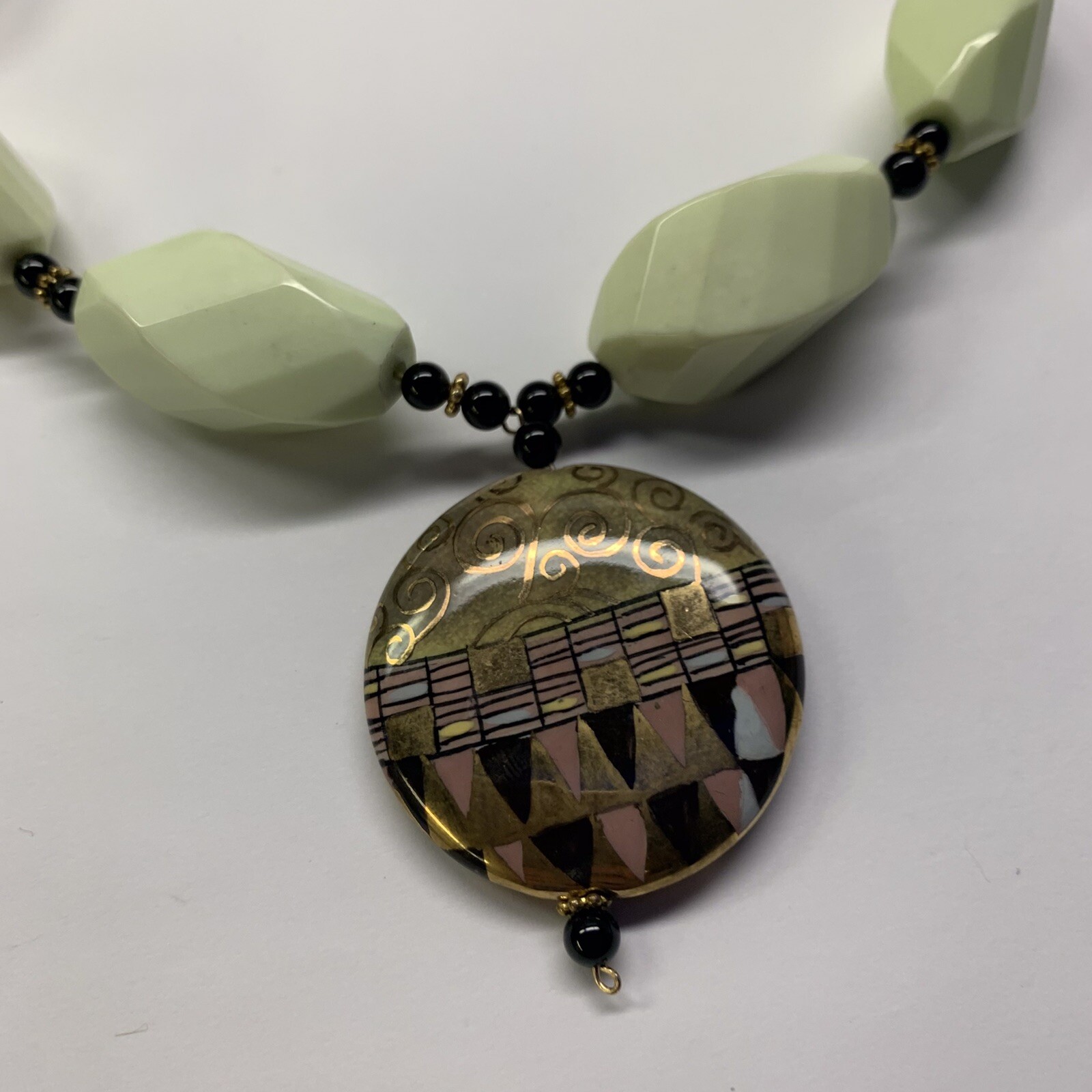 Beautiful Light Green Beaded Costume Jewelry Necklace With Hand Painted Pendant