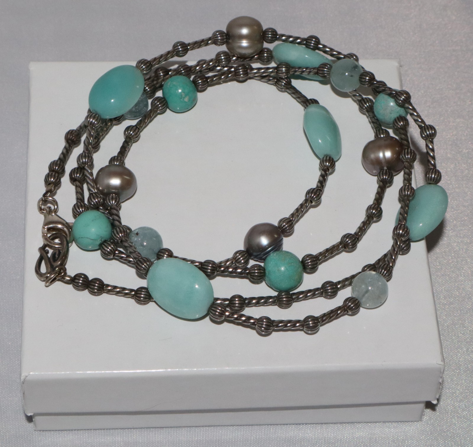 Carolyn Pollack Sterling Silver Amazonite, Aquamarine & Pearl Bead 36” Necklace