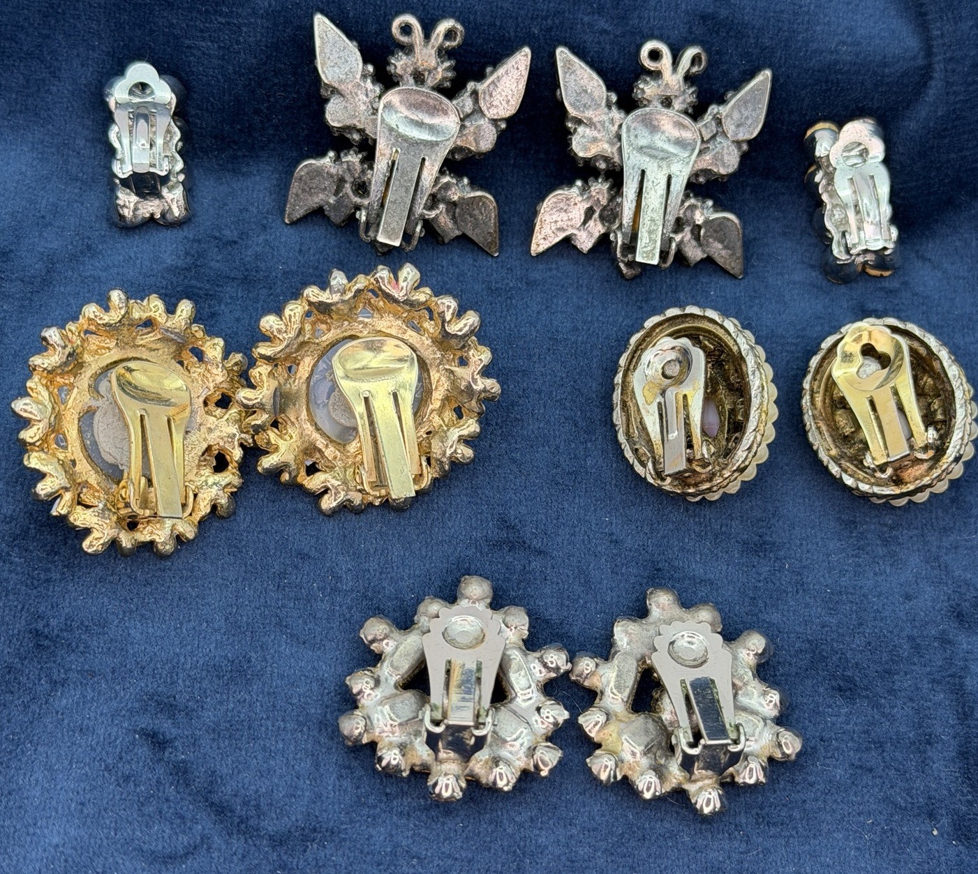 Vintage 50s MCM Clip On Earrings Jewelry Lot 5 Pair Rhinestones Opalite Cabochon