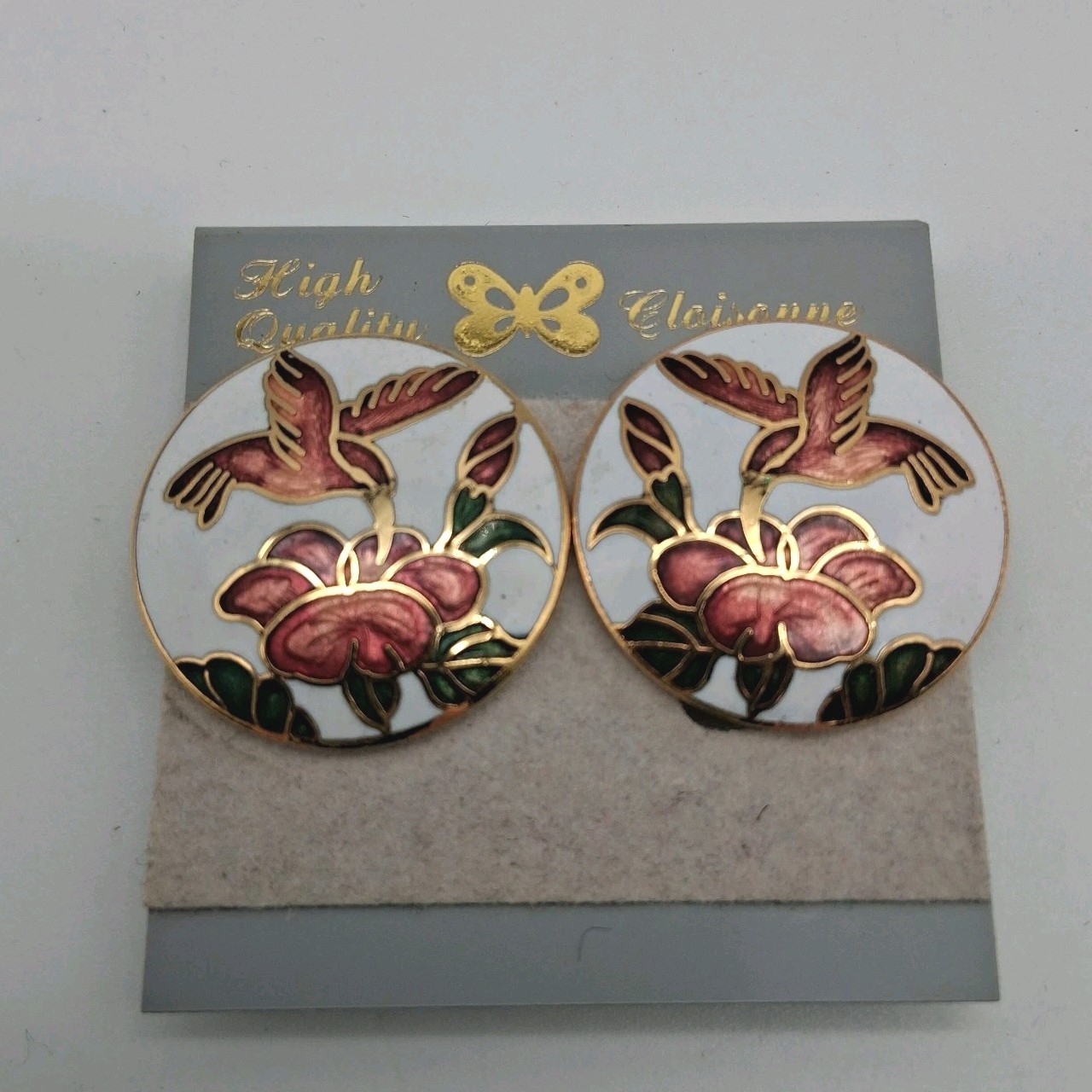 Vtg Cloisonne Enamel Hummingbird Bird Round Clip on Earrings 1″