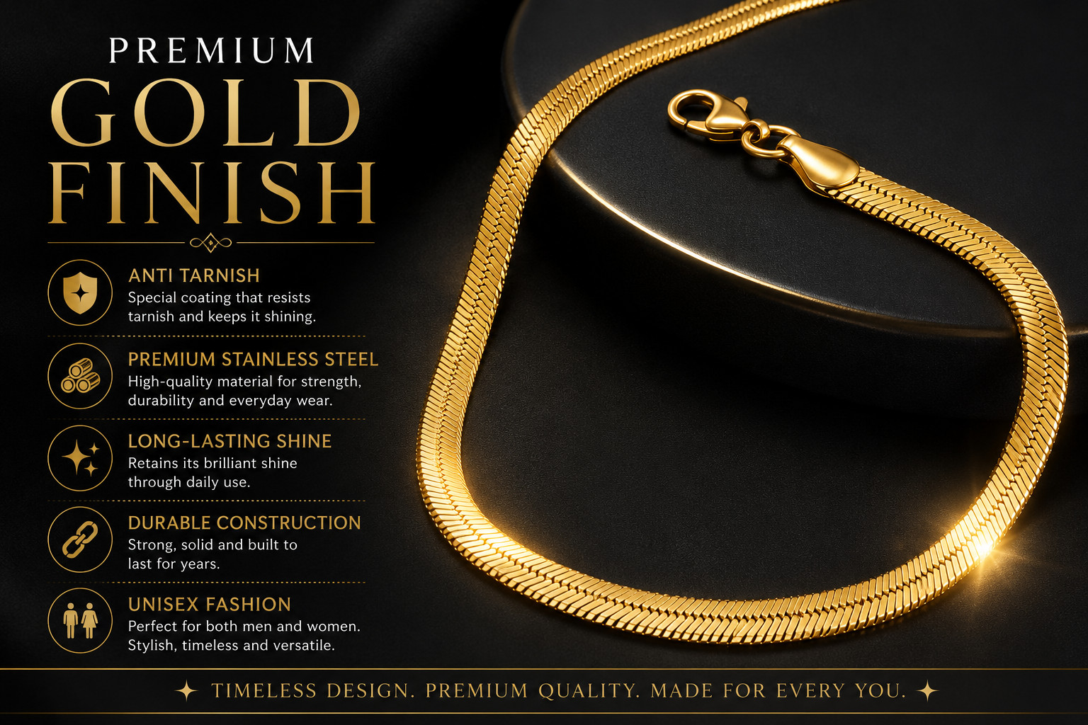 Premium Gold Finish Stainless Steel Chain 22 Inch Unisex Necklace for Men&Women