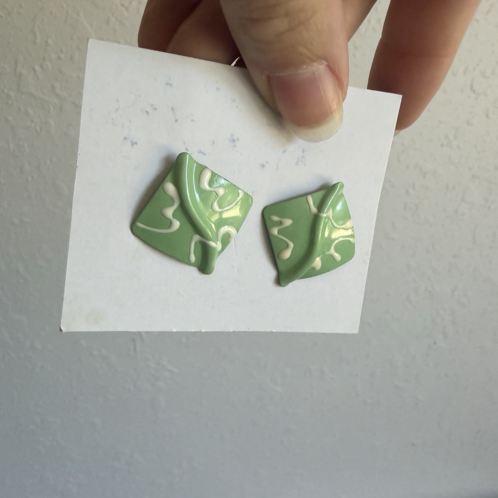 Lime Green Leaf Shape Craft Tile Stud Earrings Pop Art Style