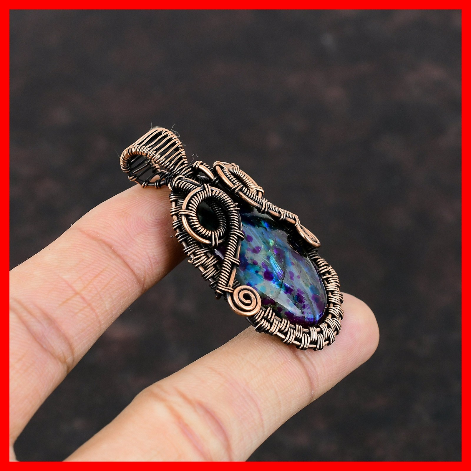 Oval Mystic Fire Labradorite Stone Copper Boho New Wire Wrapped Ethnic Pendant