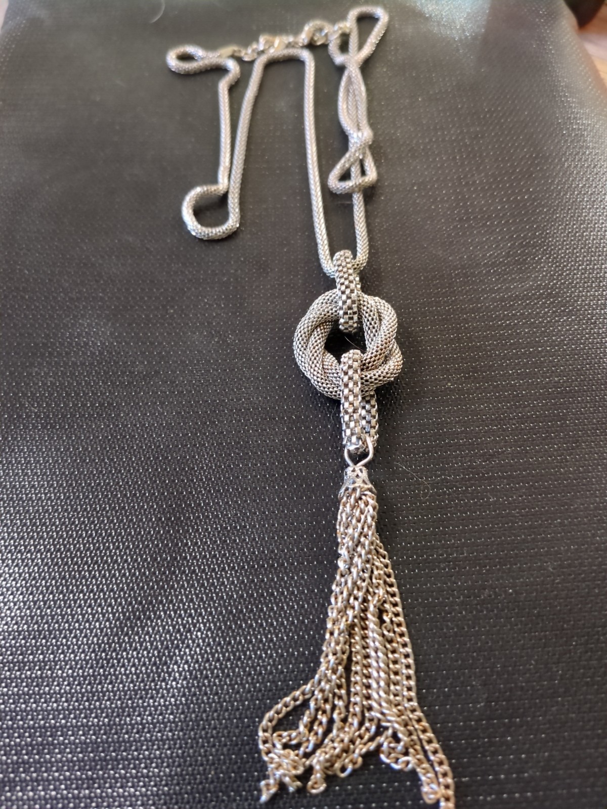 36″ Long Silver toned Mesh Chain With Knotted Mesh Pendant And Tassels