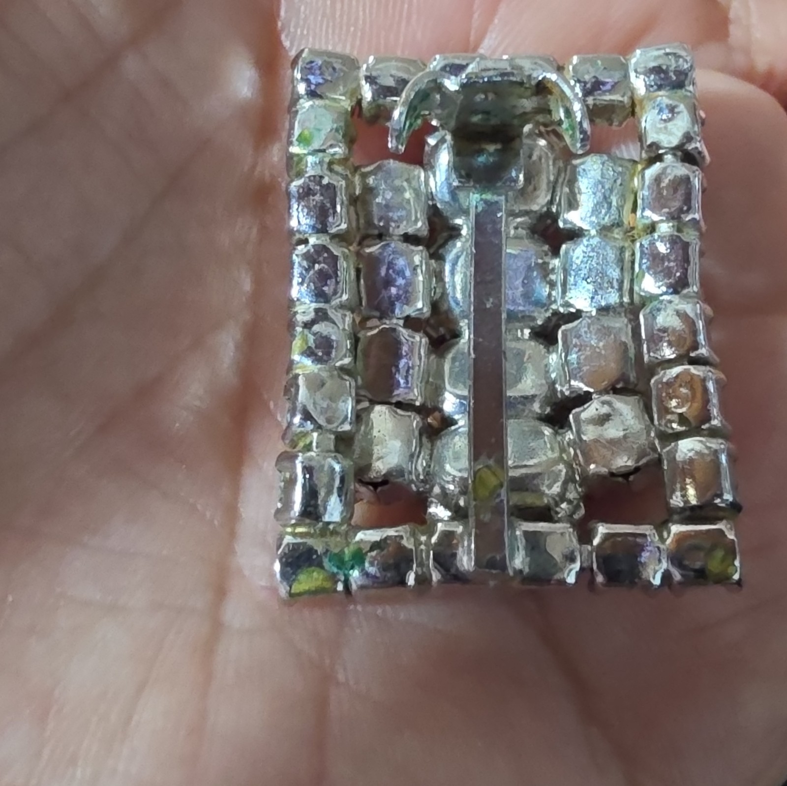 Silver Tone Rectangle Brooch Pin Clear Baguette Crystal Rhinestones Prong Set