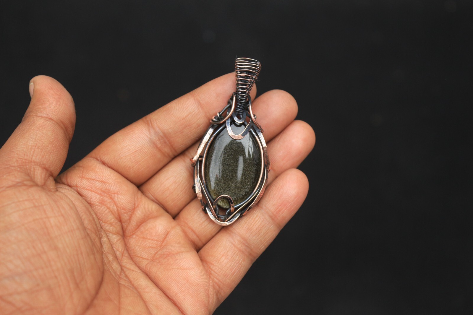 Golden Sheen Obsidian Copper Pendant Wire Wrap Gemstone fashion Jewelry N474