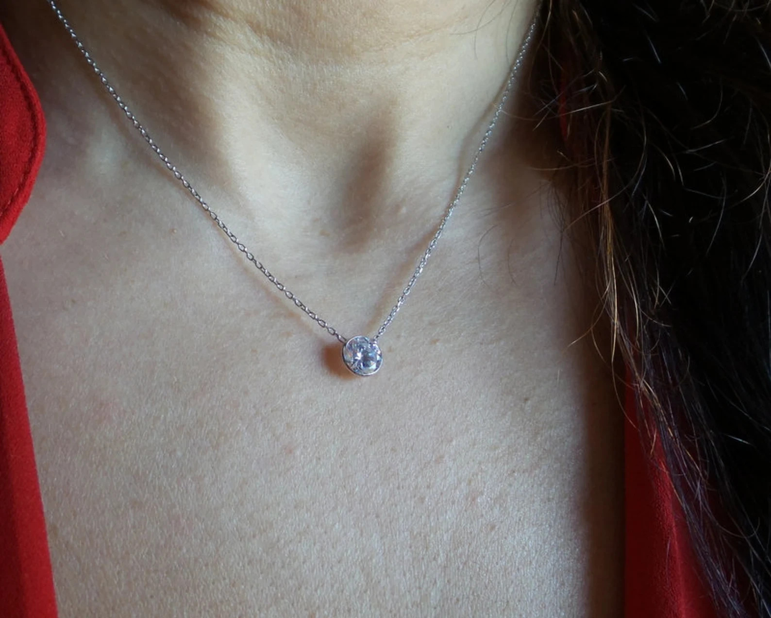 1.00 Ct Round EF VS Lab Grown Diamond Bezel Solitaire Necklace in 14K White Gold